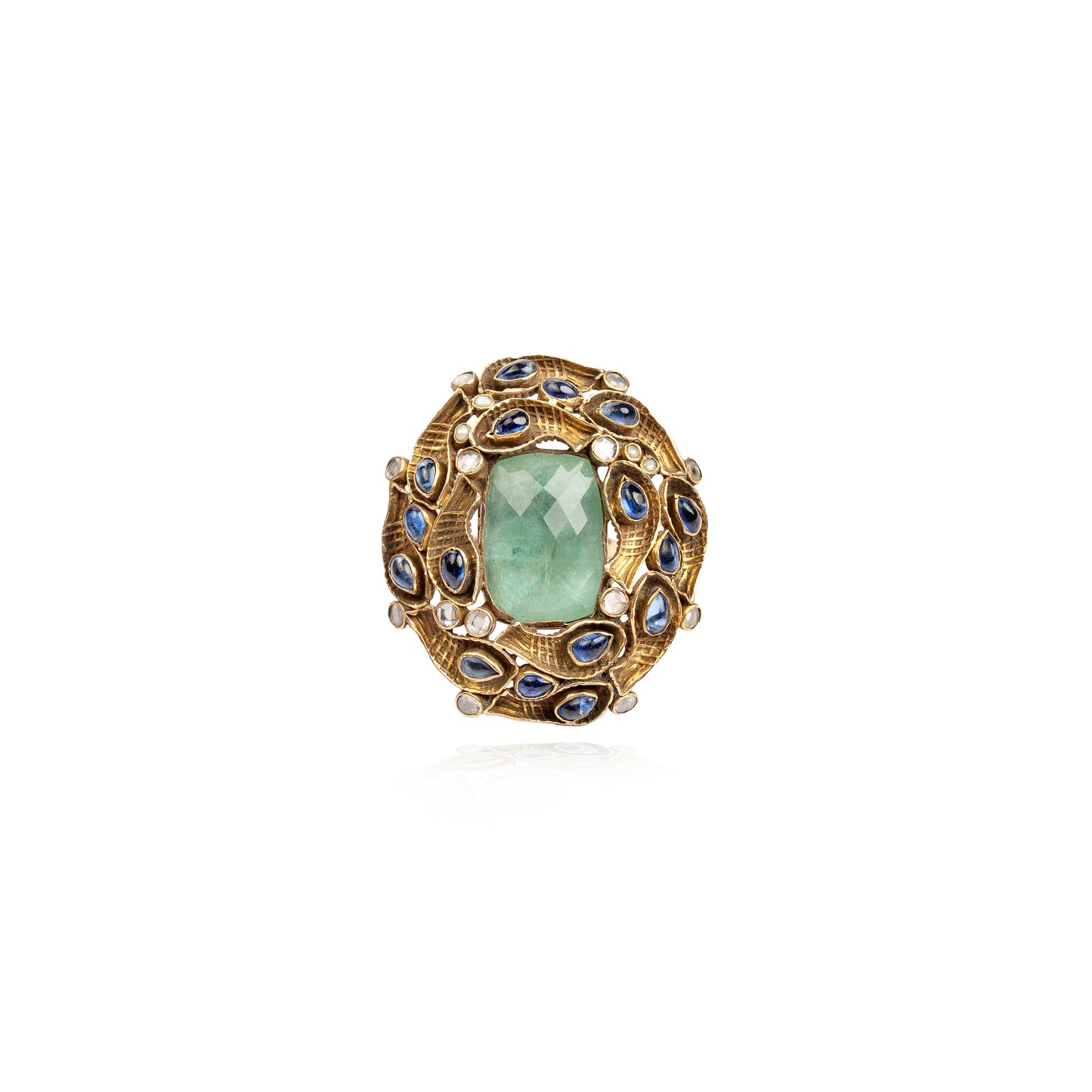 Handcrafted tanzanite and green rutile quartz statement ring -gold plated sterling silver Ring