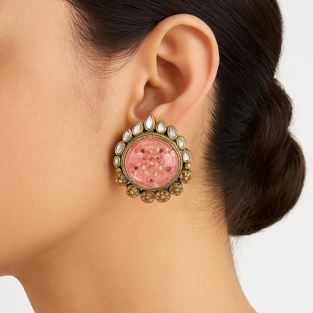 Carved pink quartz and crystal studded earrings