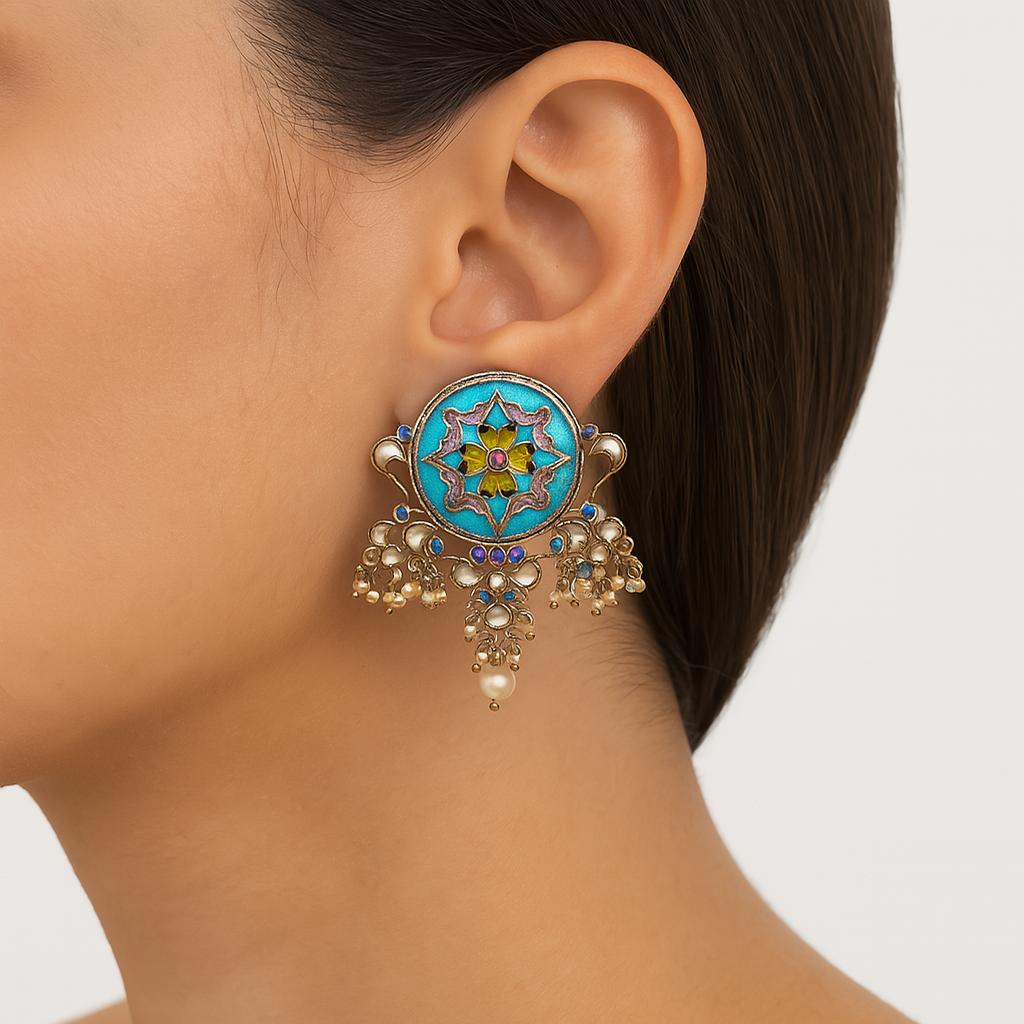 Turquoise and parrot green enameled vintage handmade earrings