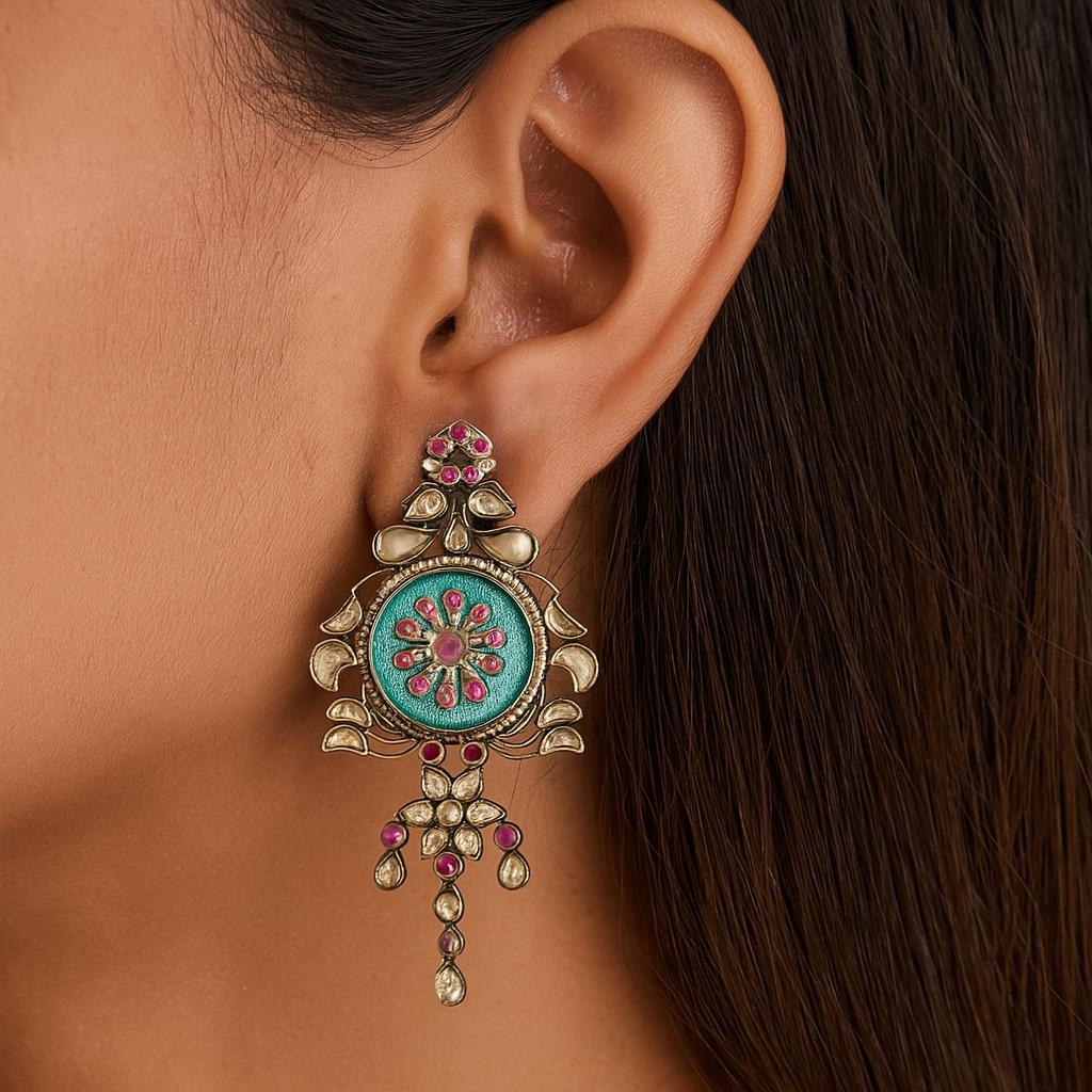 Turquoise enamelled vintage earrings in silver