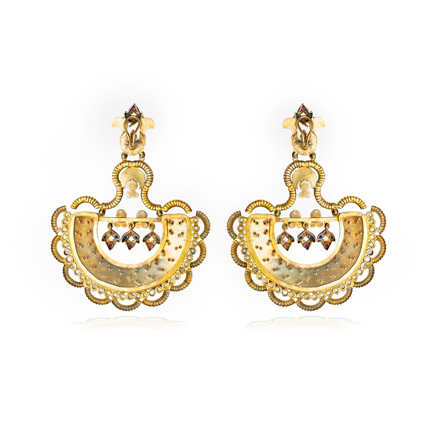 Statement Grass green enamelled  earrings studded with pearls,ruby and iolite