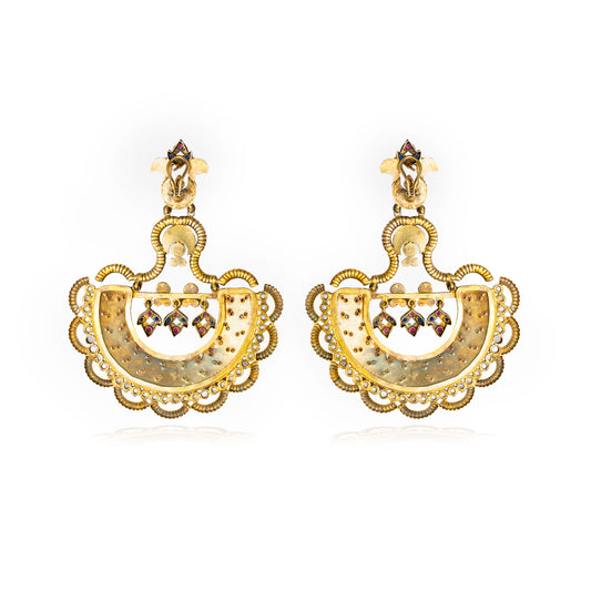 Statement Grass green enamelled  earrings studded with pearls,ruby and iolite