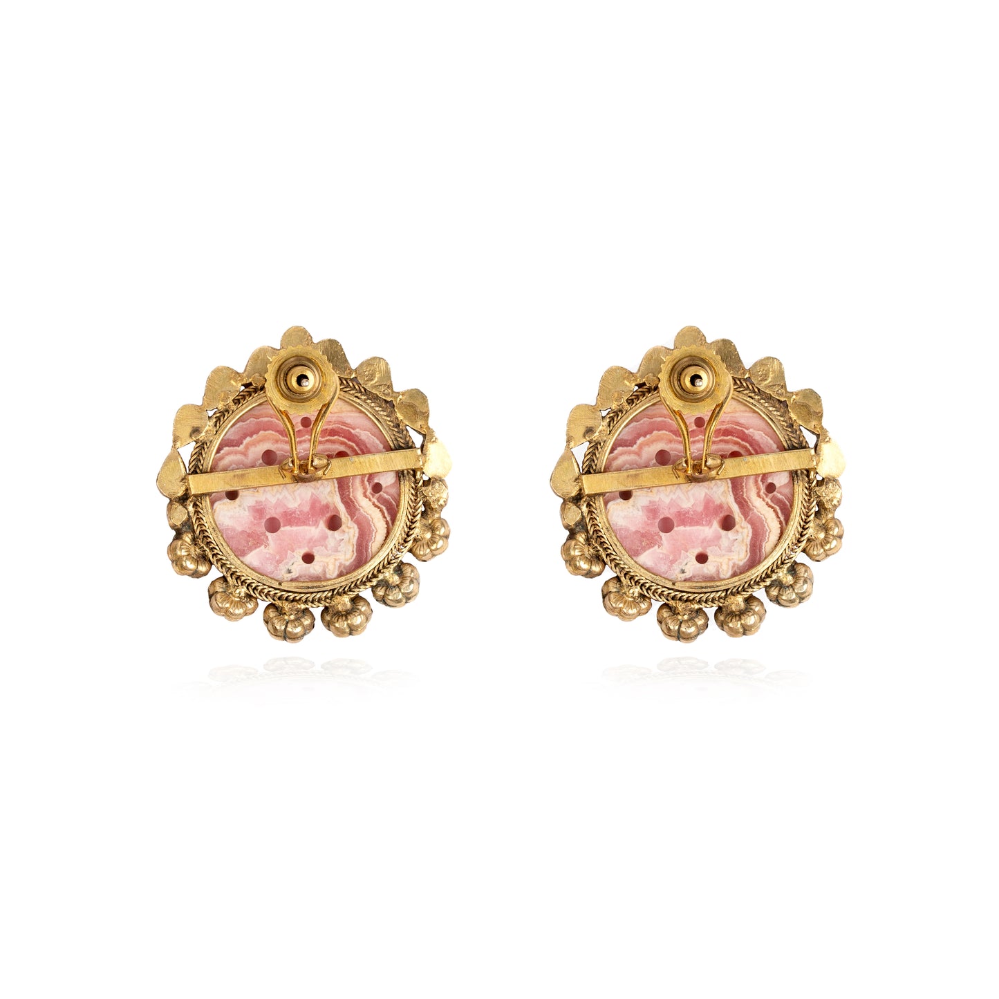 Carved pink quartz and crystal studded earrings