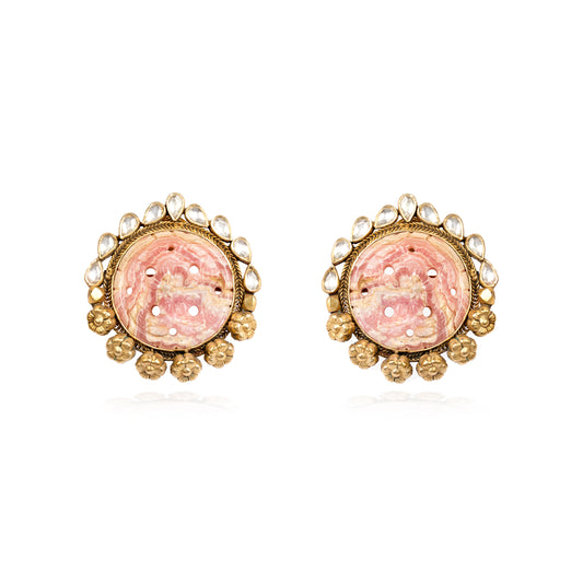 Carved pink quartz and crystal studded earrings