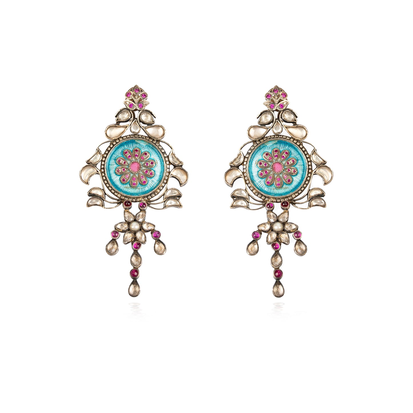 Turquoise enamelled vintage earrings in silver