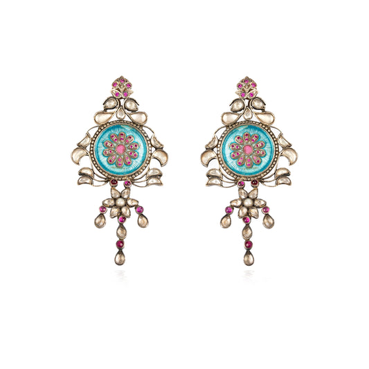 Turquoise enamelled vintage earrings in silver